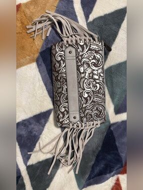Justin Boots Brown and Cream Floral Tooled Fringe Wristlet with Hand Strap